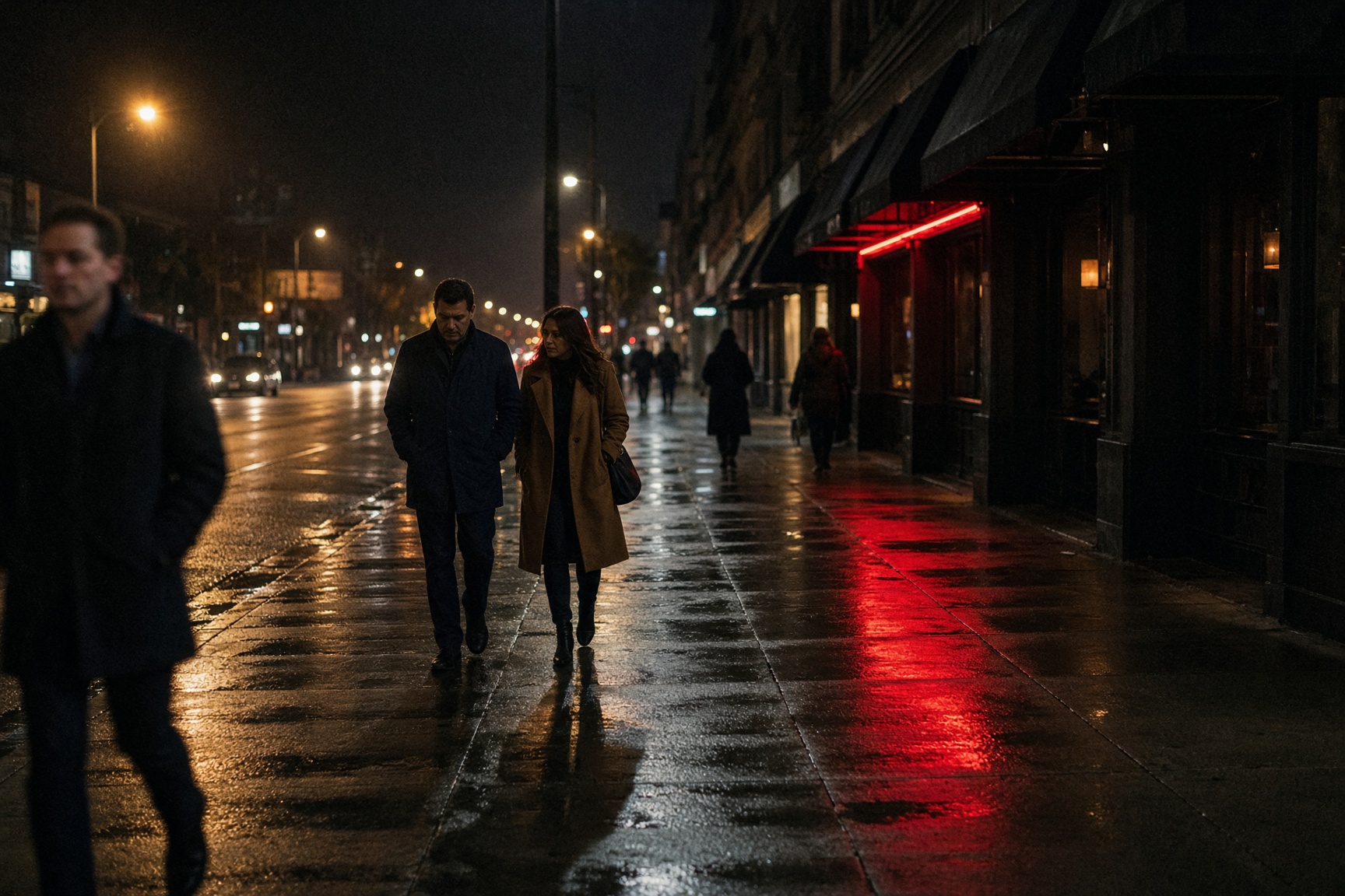 Pedestrians on a wet sidewalk at night, red light reflected in the pavement