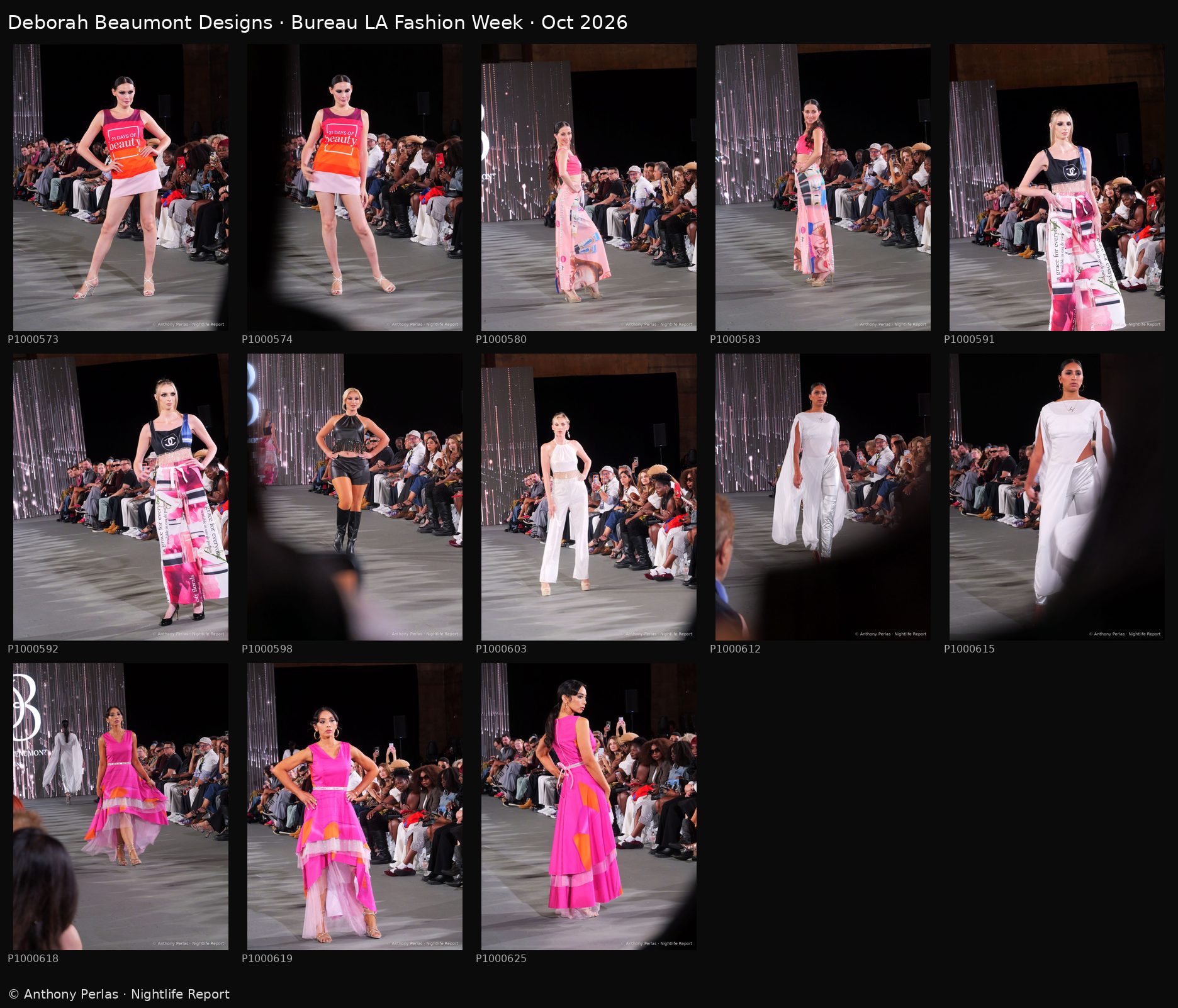 Deborah Beaumont Designs contact sheet, 13 runway photos, Bureau LA Fashion Week Oct 2026