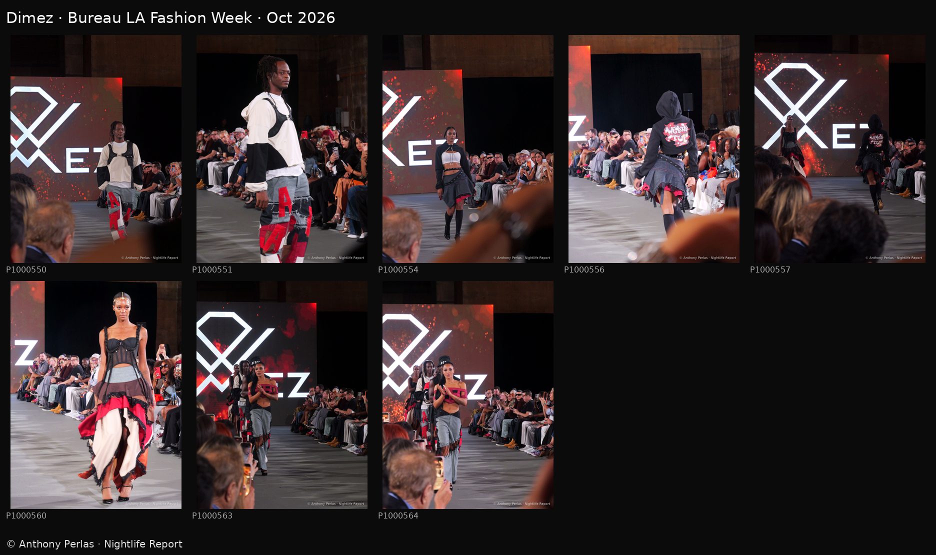 Dimez contact sheet, 8 runway photos, Bureau LA Fashion Week Oct 2026