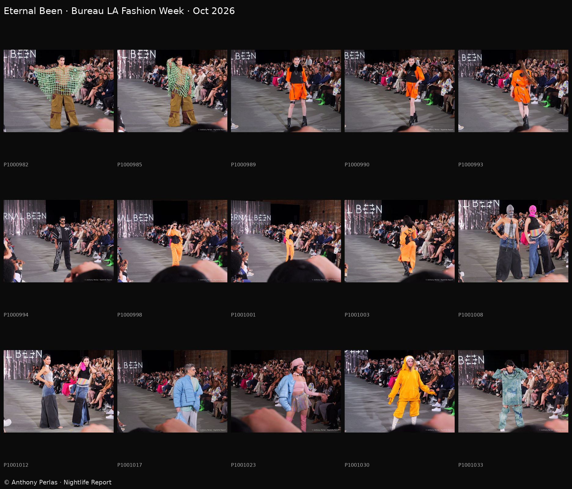 Eternal Been contact sheet, 15 runway photos, Bureau LA Fashion Week Oct 2026
