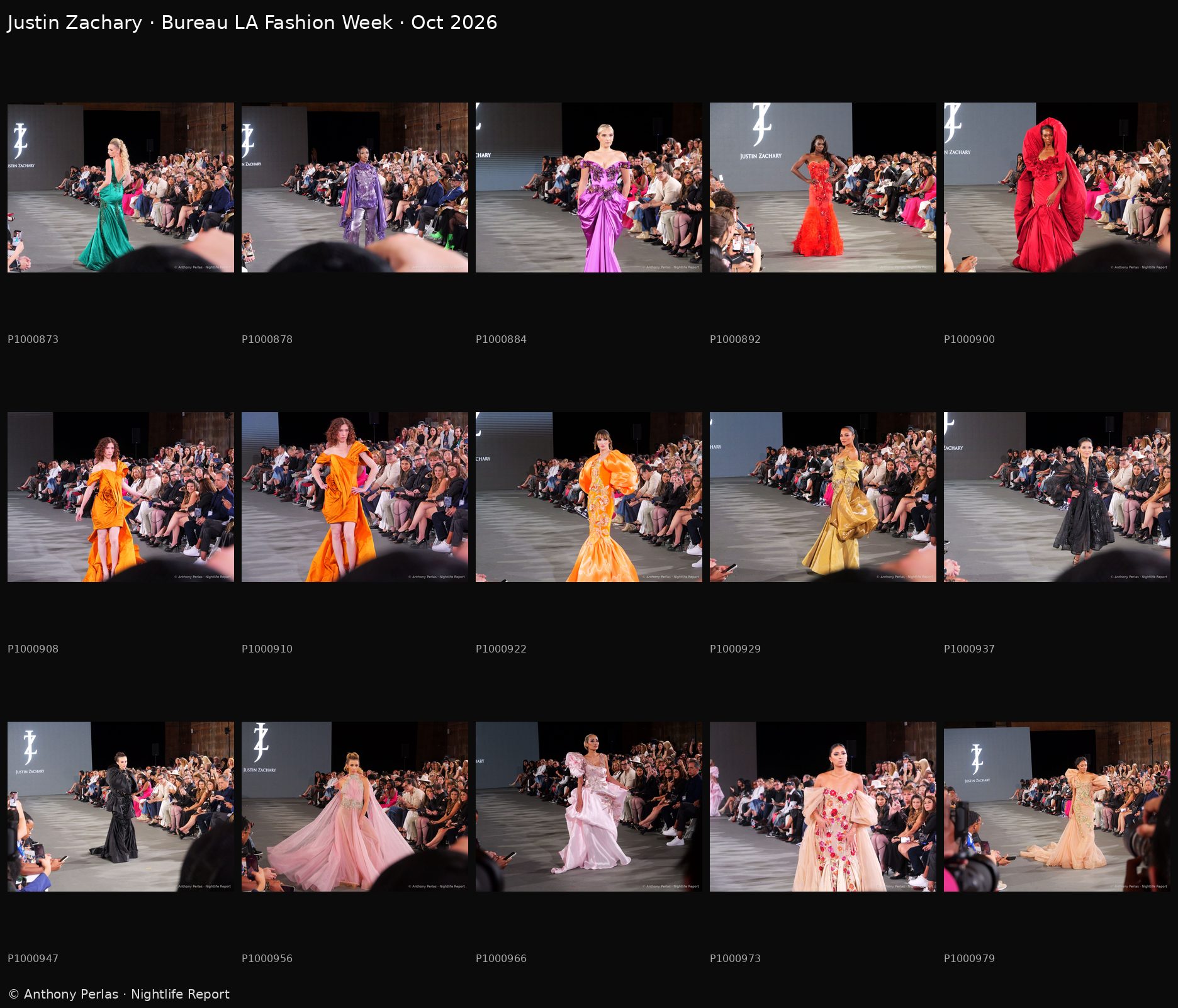 Justin Zachary contact sheet, 15 runway photos, Bureau LA Fashion Week Oct 2026