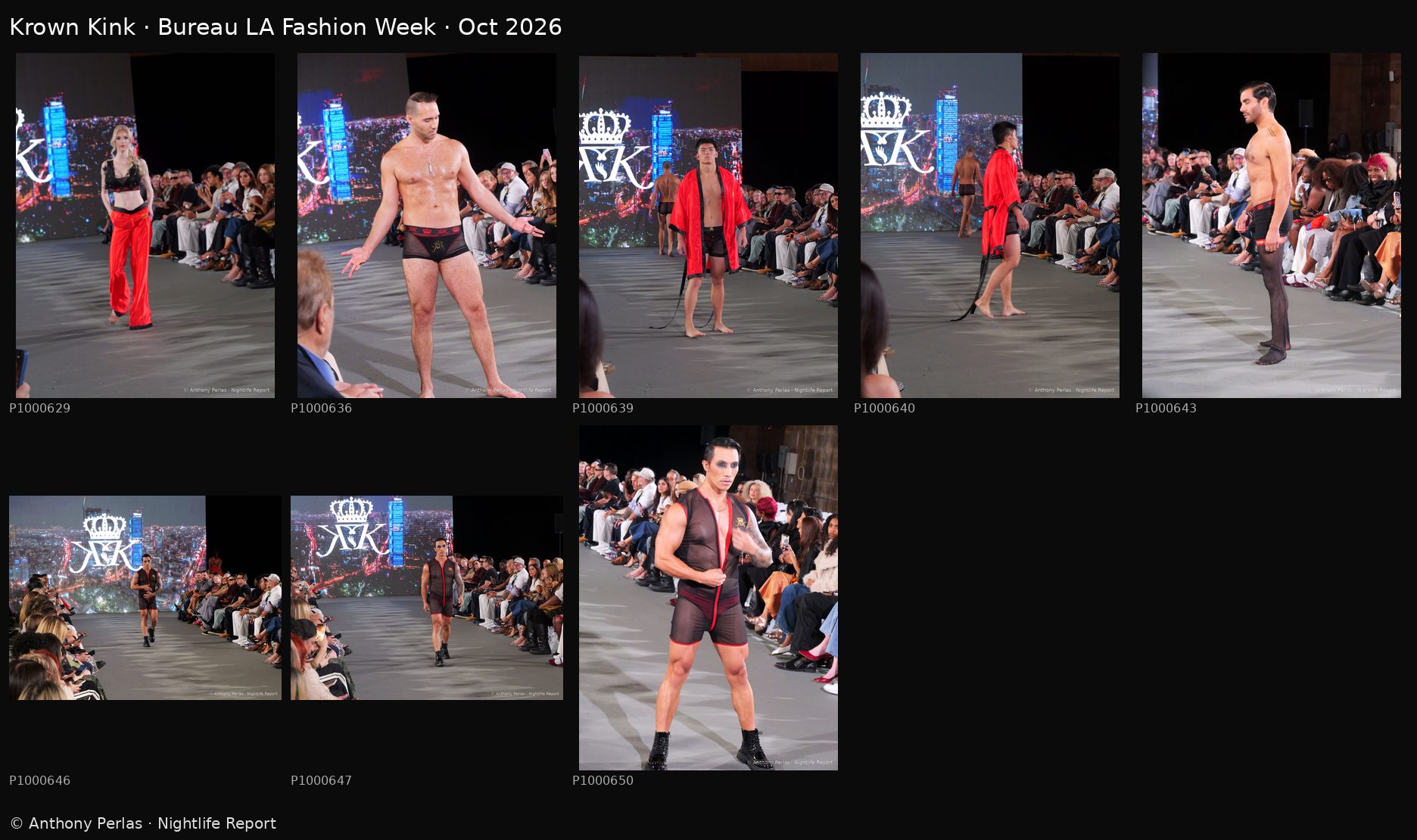 Krown Kink contact sheet, 8 runway photos, Bureau LA Fashion Week Oct 2026