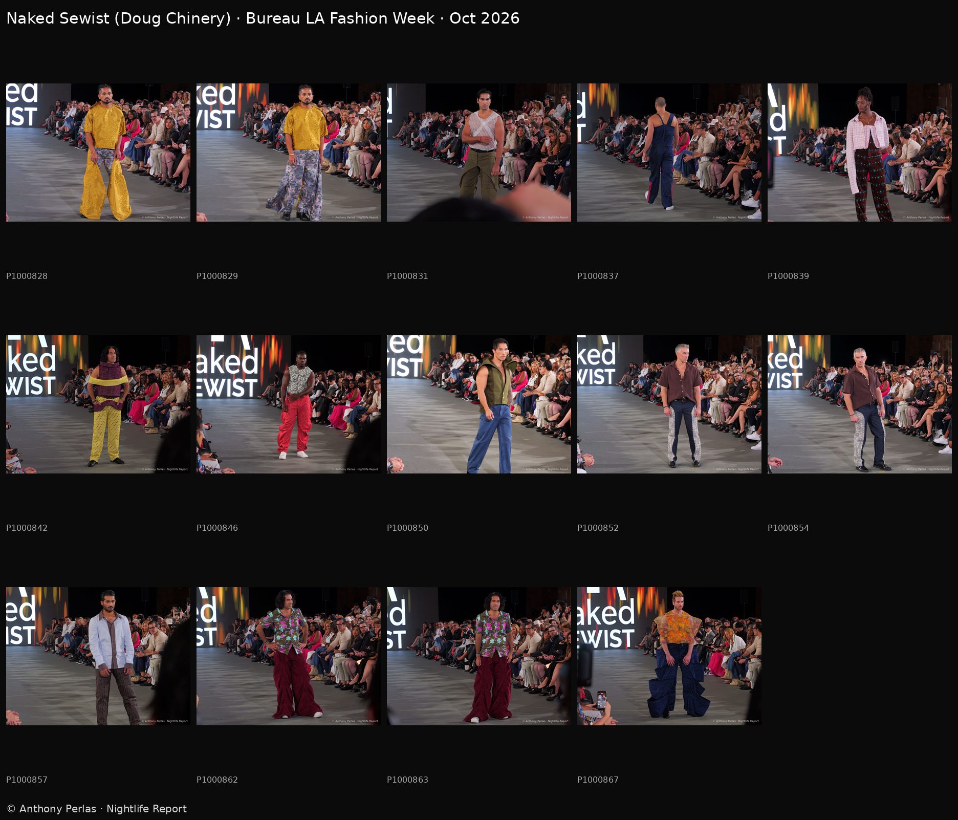 Naked Sewist (Doug Chinery) contact sheet, 14 runway photos, Bureau LA Fashion Week Oct 2026
