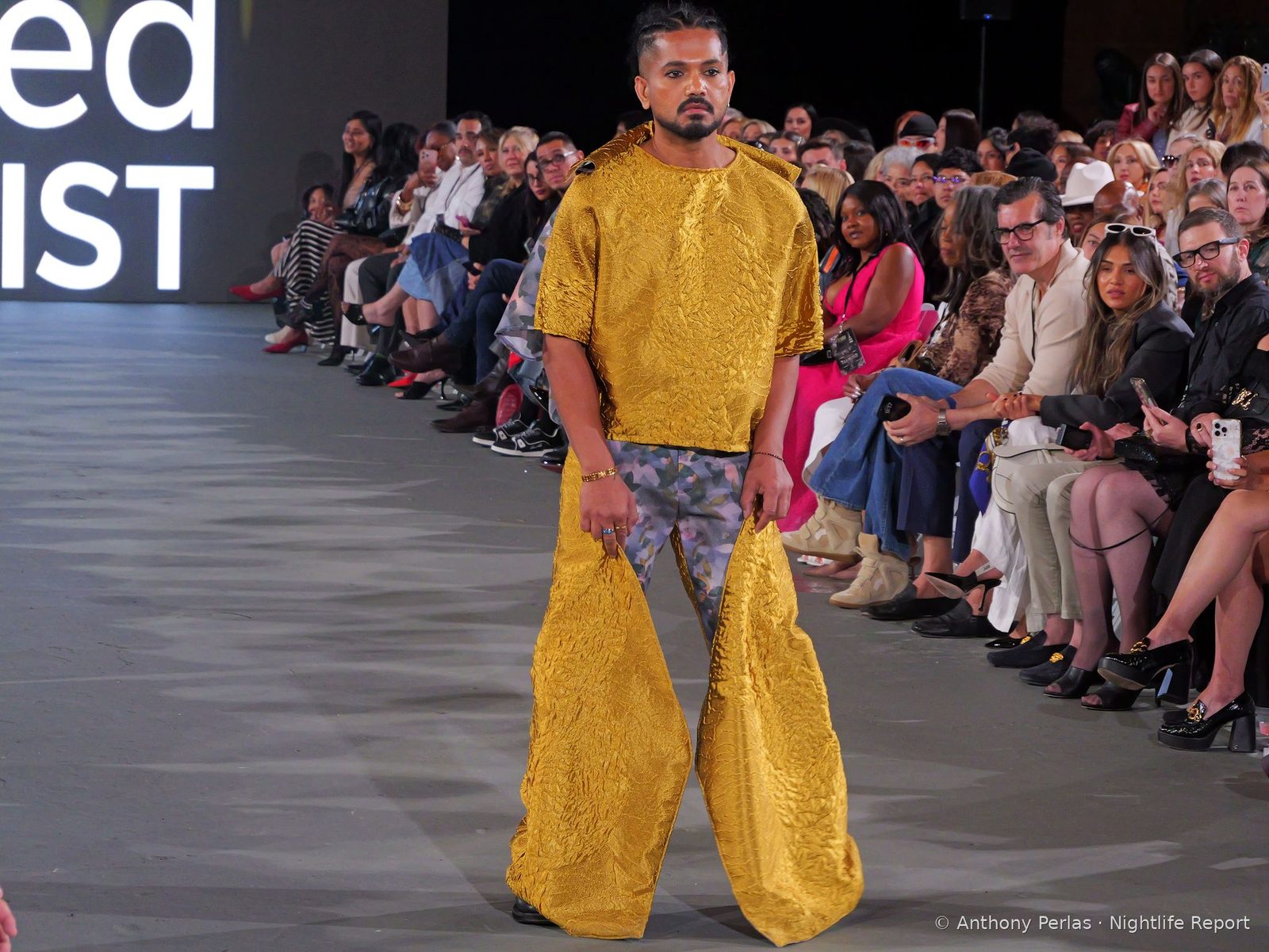 Naked Sewist (Doug Chinery) on the runway at The Bureau LA Fashion Week, Oct 2026 (frame P1000828)