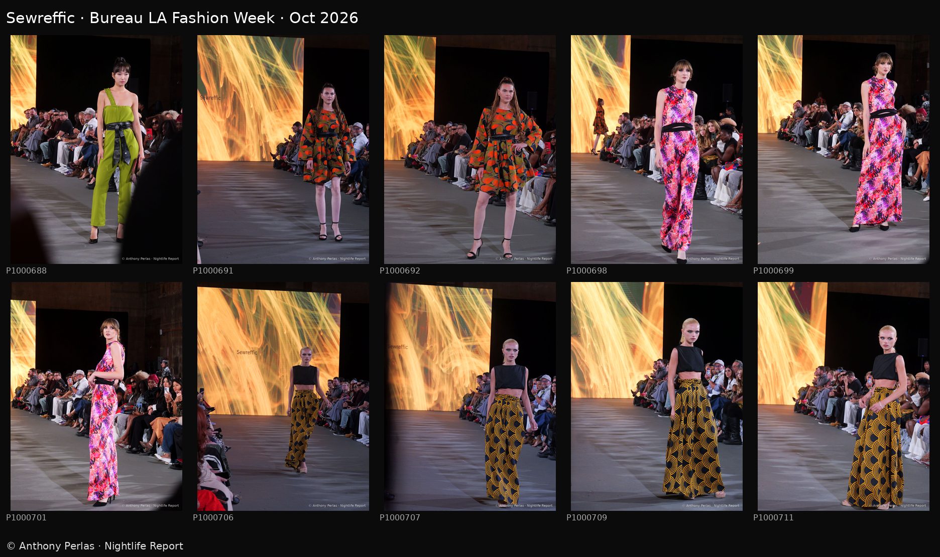 Sewreffic contact sheet, 10 runway photos, Bureau LA Fashion Week Oct 2026