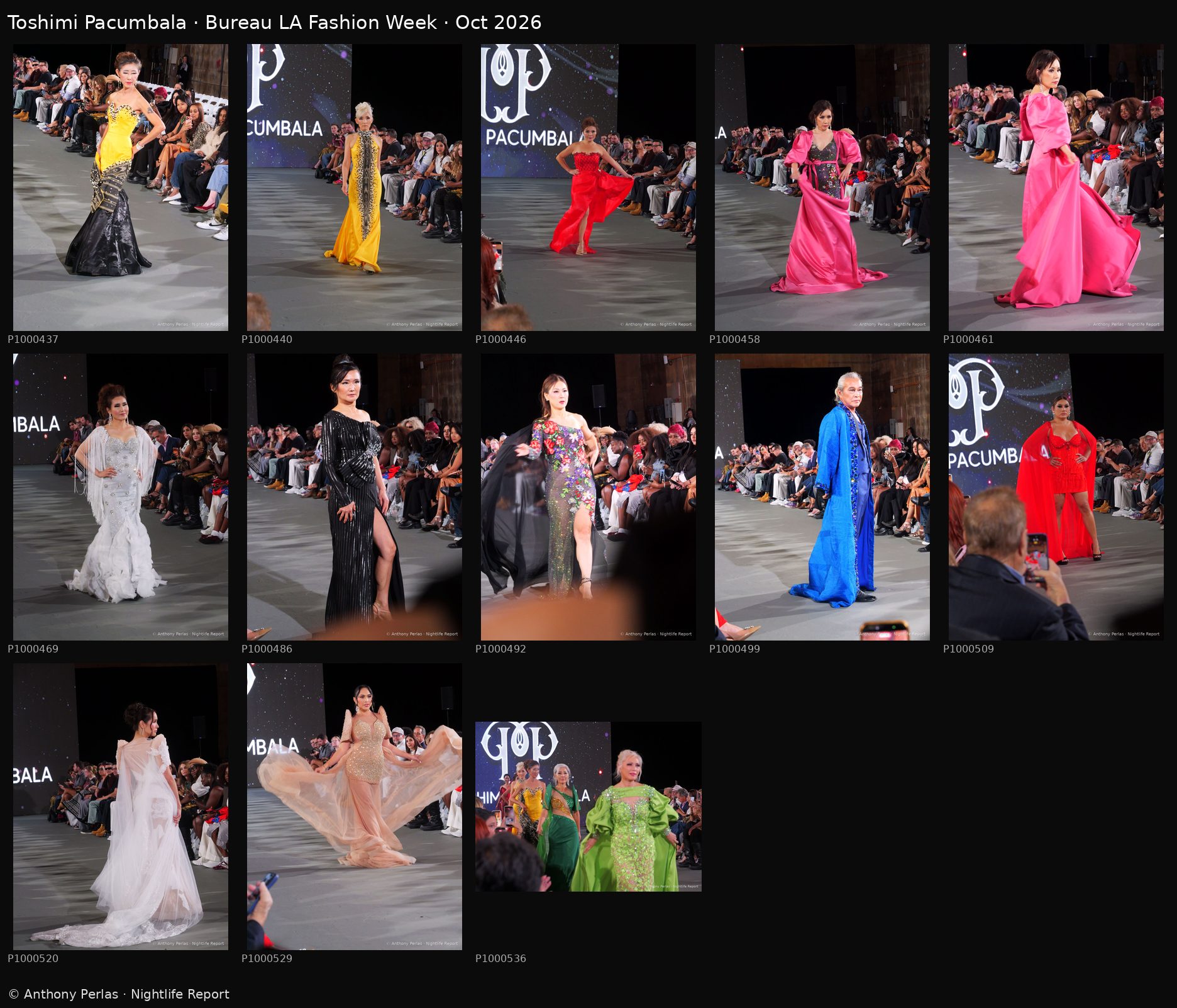Toshimi Pacumbala contact sheet, 13 runway photos, Bureau LA Fashion Week Oct 2026