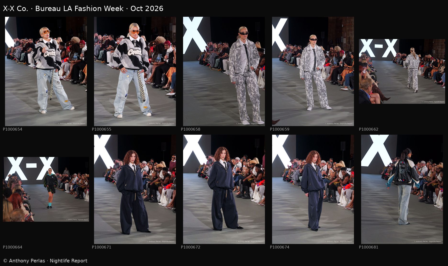 X-X Co. contact sheet, 10 runway photos, Bureau LA Fashion Week Oct 2026