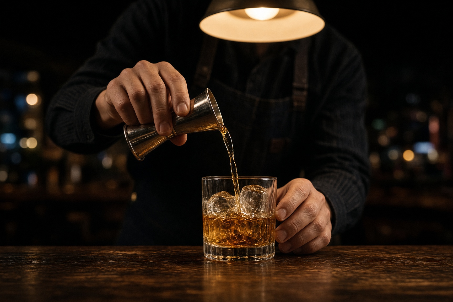Close view of a drink being poured on a wooden bar